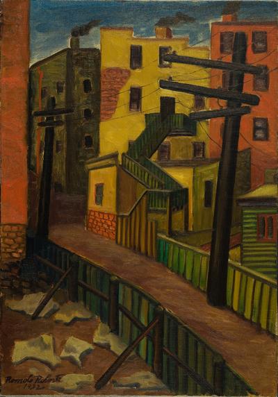 painting by Robert Roberti titled Backyard Alley Scene Chicago